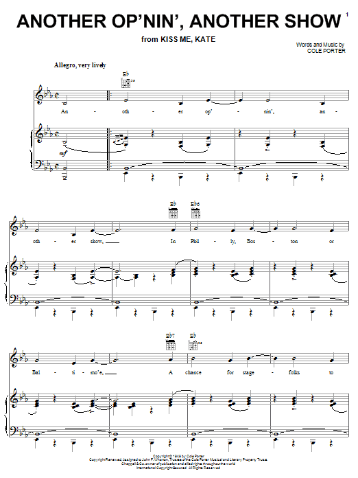 Preview Cole Porter Another Op'nin', Another Show Musicals sheet music, notes and chords for Piano, Vocal & Guitar (Right-Hand Melody), SKU: 16324 sheet music, piano notes, chords, guitar tabs, score, transpose, transcribe, how to play, guide, download, learn, tutorial, progression, song, artist, awards, billboard, mtv, vh1, tour, single, album, release
