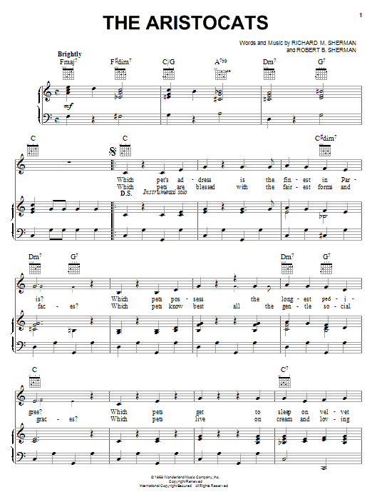 Preview Sherman Brothers The Aristocats Children sheet music, notes and chords for Piano, Vocal & Guitar (Right-Hand Melody), SKU: 16326 sheet music, piano notes, chords, guitar tabs, score, transpose, transcribe, how to play, guide, download, learn, tutorial, progression, song, artist, awards, billboard, mtv, vh1, tour, single, album, release
