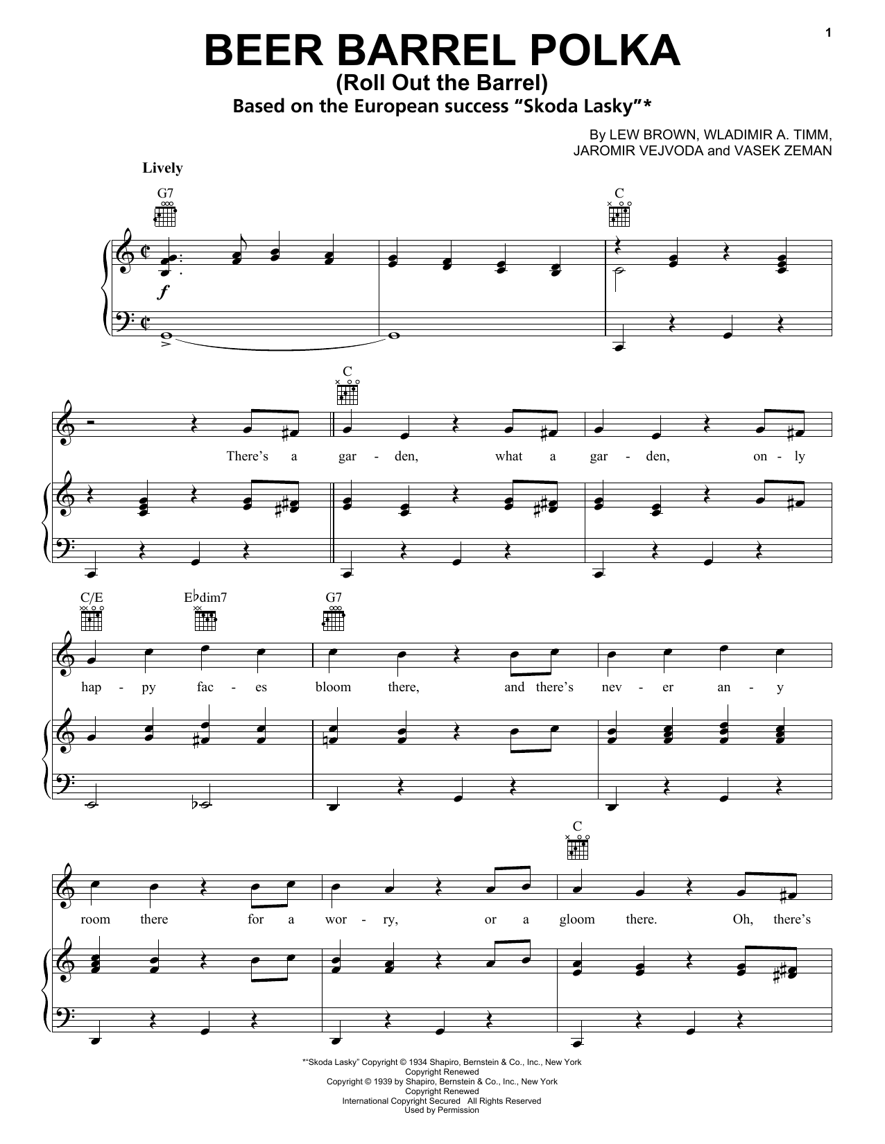 Preview Bobby Vinton Beer Barrel Polka (Roll Out The Barrel) Folk sheet music, notes and chords for Piano, Vocal & Guitar (Right-Hand Melody), SKU: 16329 sheet music, piano notes, chords, guitar tabs, score, transpose, transcribe, how to play, guide, download, learn, tutorial, progression, song, artist, awards, billboard, mtv, vh1, tour, single, album, release