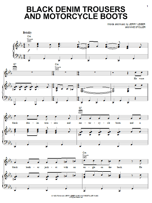 Preview The Cheers Black Denim Trousers And Motorcycle Boots Jazz sheet music, notes and chords for Piano, Vocal & Guitar (Right-Hand Melody), SKU: 16333 sheet music, piano notes, chords, guitar tabs, score, transpose, transcribe, how to play, guide, download, learn, tutorial, progression, song, artist, awards, billboard, mtv, vh1, tour, single, album, release