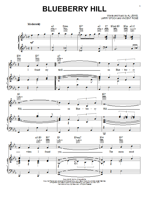 Preview Fats Domino Blueberry Hill Rock sheet music, notes and chords for Piano, Vocal & Guitar (Right-Hand Melody), SKU: 16334 sheet music, piano notes, chords, guitar tabs, score, transpose, transcribe, how to play, guide, download, learn, tutorial, progression, song, artist, awards, billboard, mtv, vh1, tour, single, album, release