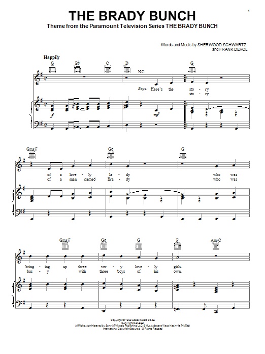 Preview Sherwood Schwartz The Brady Bunch Pop sheet music, notes and chords for Piano, Vocal & Guitar (Right-Hand Melody), SKU: 16338 sheet music, piano notes, chords, guitar tabs, score, transpose, transcribe, how to play, guide, download, learn, tutorial, progression, song, artist, awards, billboard, mtv, vh1, tour, single, album, release