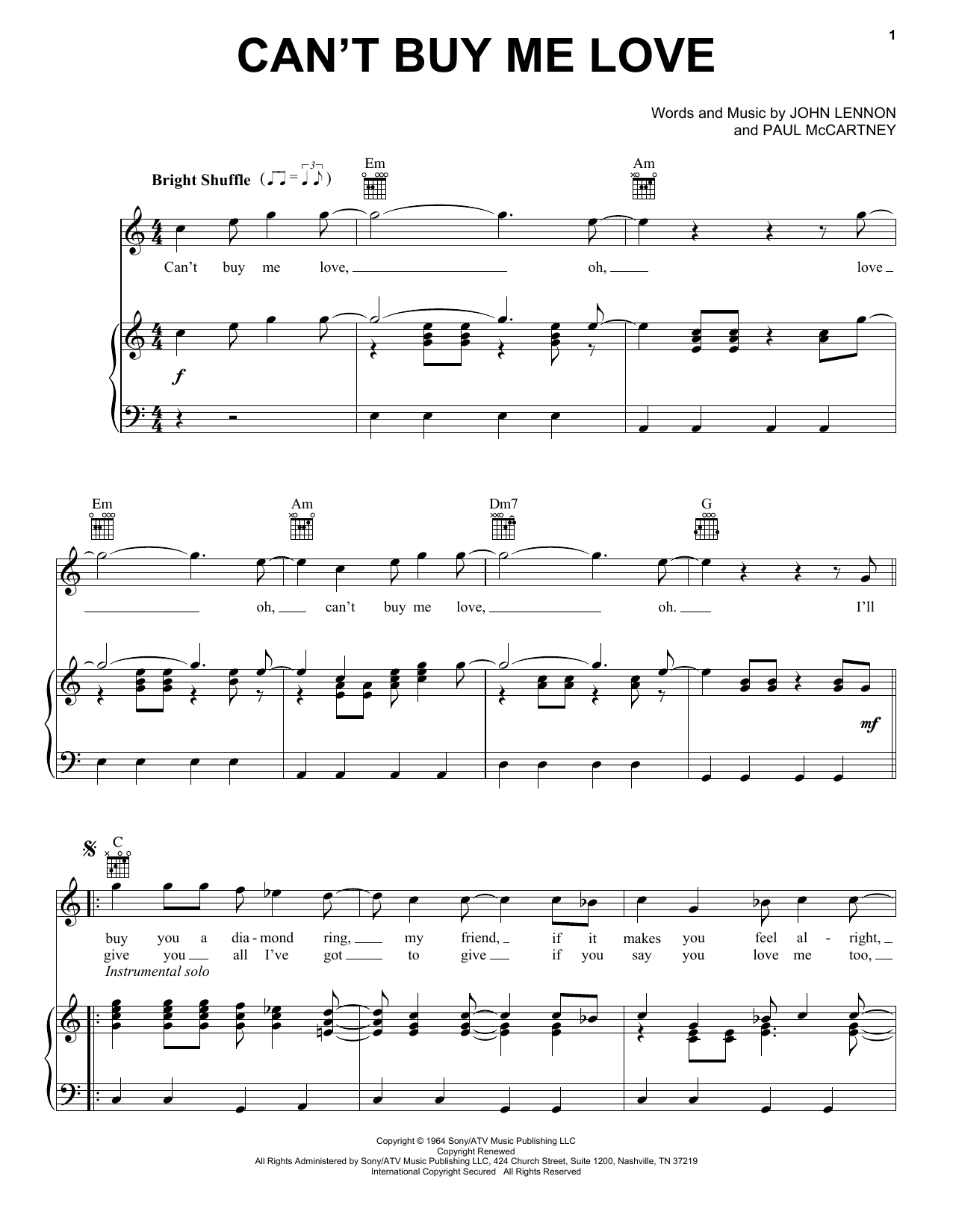 Preview The Beatles Can't Buy Me Love Rock sheet music, notes and chords for Piano, Vocal & Guitar (Right-Hand Melody), SKU: 16340 sheet music, piano notes, chords, guitar tabs, score, transpose, transcribe, how to play, guide, download, learn, tutorial, progression, song, artist, awards, billboard, mtv, vh1, tour, single, album, release