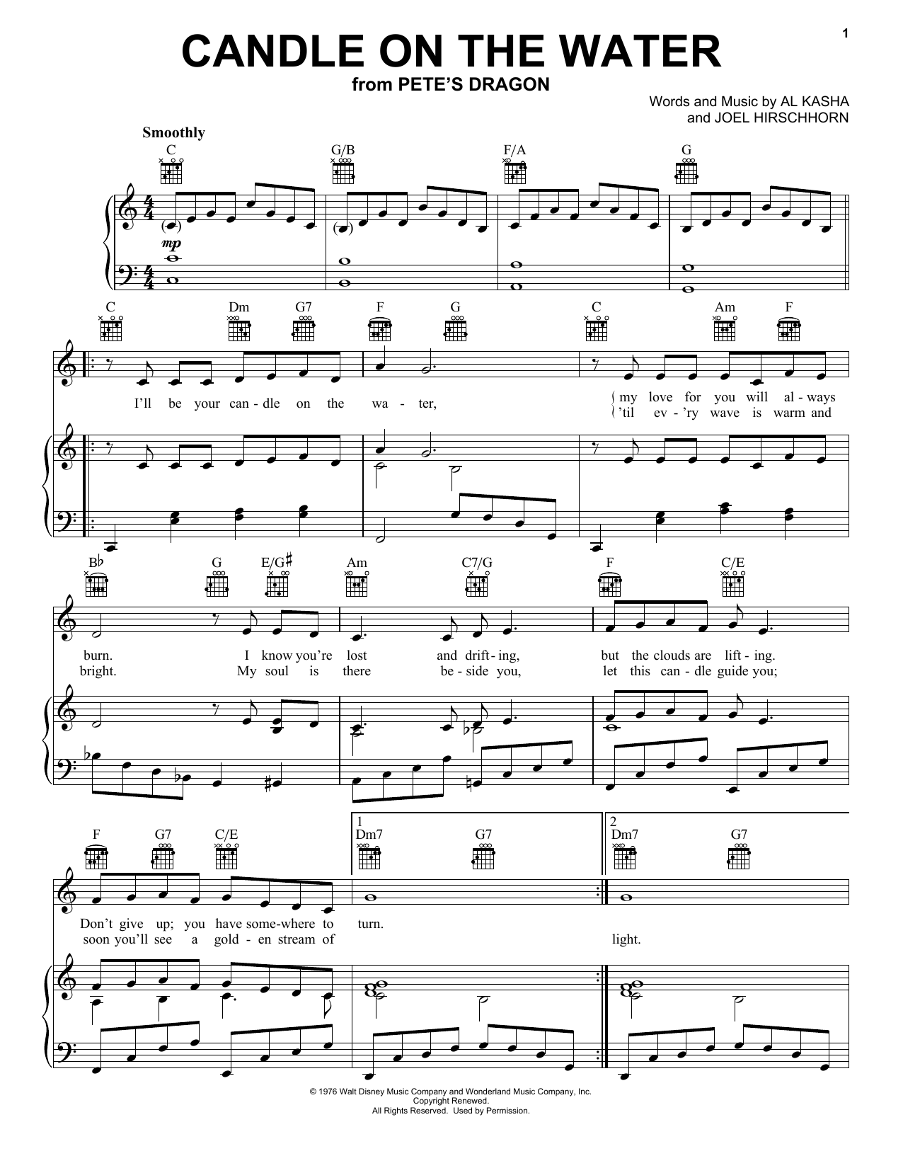 Preview Al Kasha Candle On The Water Film and TV sheet music, notes and chords for Piano, Vocal & Guitar (Right-Hand Melody), SKU: 16342 sheet music, piano notes, chords, guitar tabs, score, transpose, transcribe, how to play, guide, download, learn, tutorial, progression, song, artist, awards, billboard, mtv, vh1, tour, single, album, release