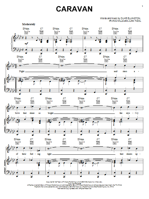 Preview Duke Ellington Caravan Jazz sheet music, notes and chords for Piano, Vocal & Guitar (Right-Hand Melody), SKU: 16343 sheet music, piano notes, chords, guitar tabs, score, transpose, transcribe, how to play, guide, download, learn, tutorial, progression, song, artist, awards, billboard, mtv, vh1, tour, single, album, release