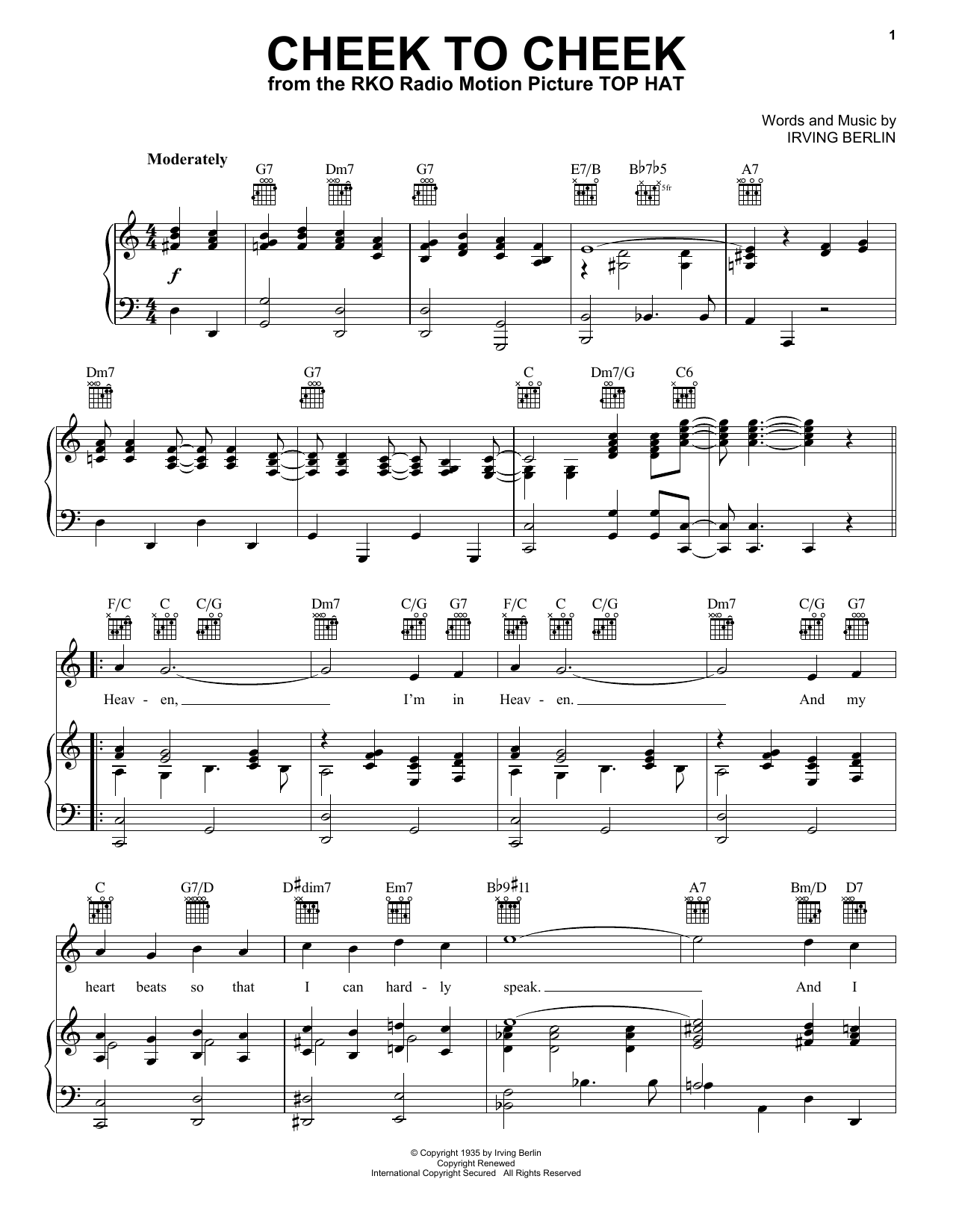 Preview Irving Berlin Cheek To Cheek Folk sheet music, notes and chords for Piano, Vocal & Guitar (Right-Hand Melody), SKU: 16345 sheet music, piano notes, chords, guitar tabs, score, transpose, transcribe, how to play, guide, download, learn, tutorial, progression, song, artist, awards, billboard, mtv, vh1, tour, single, album, release