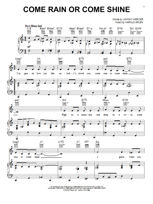Preview Harold Arlen Come Rain Or Come Shine Jazz sheet music, notes and chords for Piano, Vocal & Guitar (Right-Hand Melody), SKU: 16347 sheet music, piano notes, chords, guitar tabs, score, transpose, transcribe, how to play, guide, download, learn, tutorial, progression, song, artist, awards, billboard, mtv, vh1, tour, single, album, release