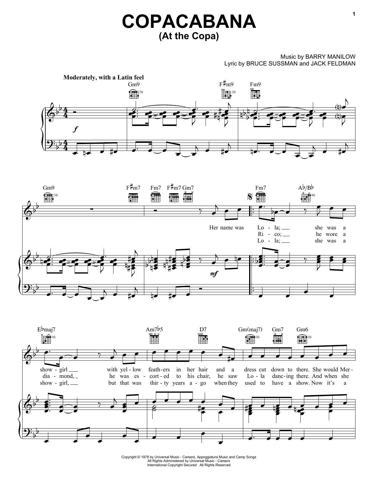 Preview Barry Manilow Copacabana (At The Copa) Rock sheet music, notes and chords for Piano, Vocal & Guitar (Right-Hand Melody), SKU: 16348 sheet music, piano notes, chords, guitar tabs, score, transpose, transcribe, how to play, guide, download, learn, tutorial, progression, song, artist, awards, billboard, mtv, vh1, tour, single, album, release