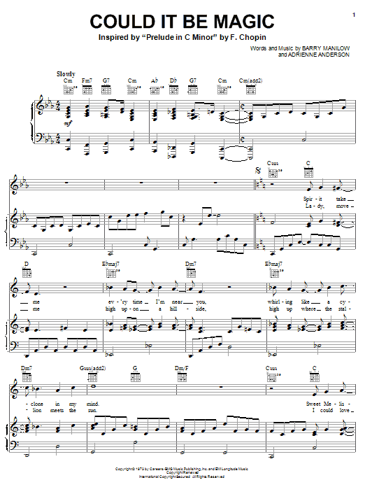 Preview Barry Manilow Could It Be Magic Musicals sheet music, notes and chords for Piano, Vocal & Guitar (Right-Hand Melody), SKU: 16349 sheet music, piano notes, chords, guitar tabs, score, transpose, transcribe, how to play, guide, download, learn, tutorial, progression, song, artist, awards, billboard, mtv, vh1, tour, single, album, release