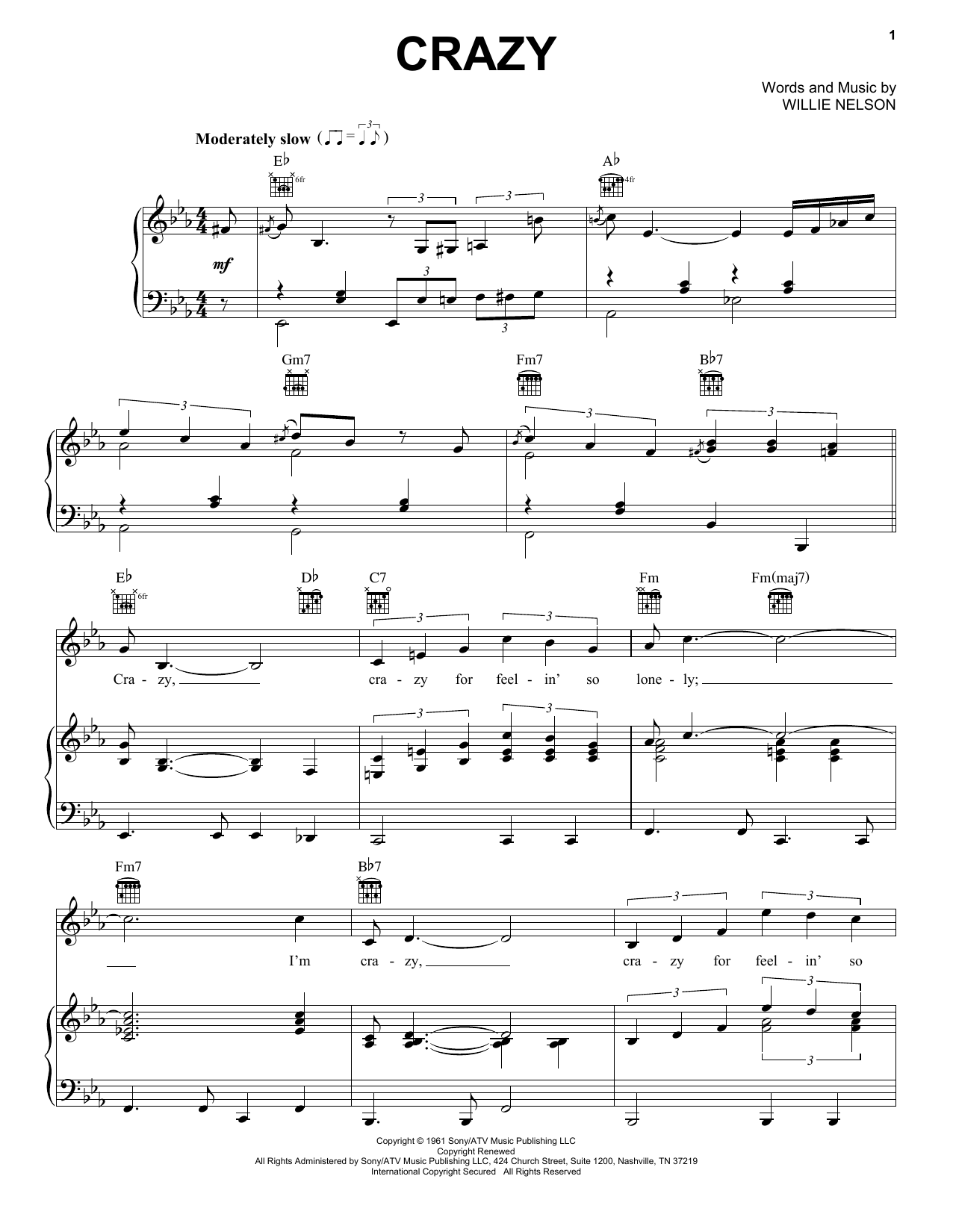 Preview Patsy Cline Crazy Folk sheet music, notes and chords for Piano, Vocal & Guitar (Right-Hand Melody), SKU: 16350 sheet music, piano notes, chords, guitar tabs, score, transpose, transcribe, how to play, guide, download, learn, tutorial, progression, song, artist, awards, billboard, mtv, vh1, tour, single, album, release