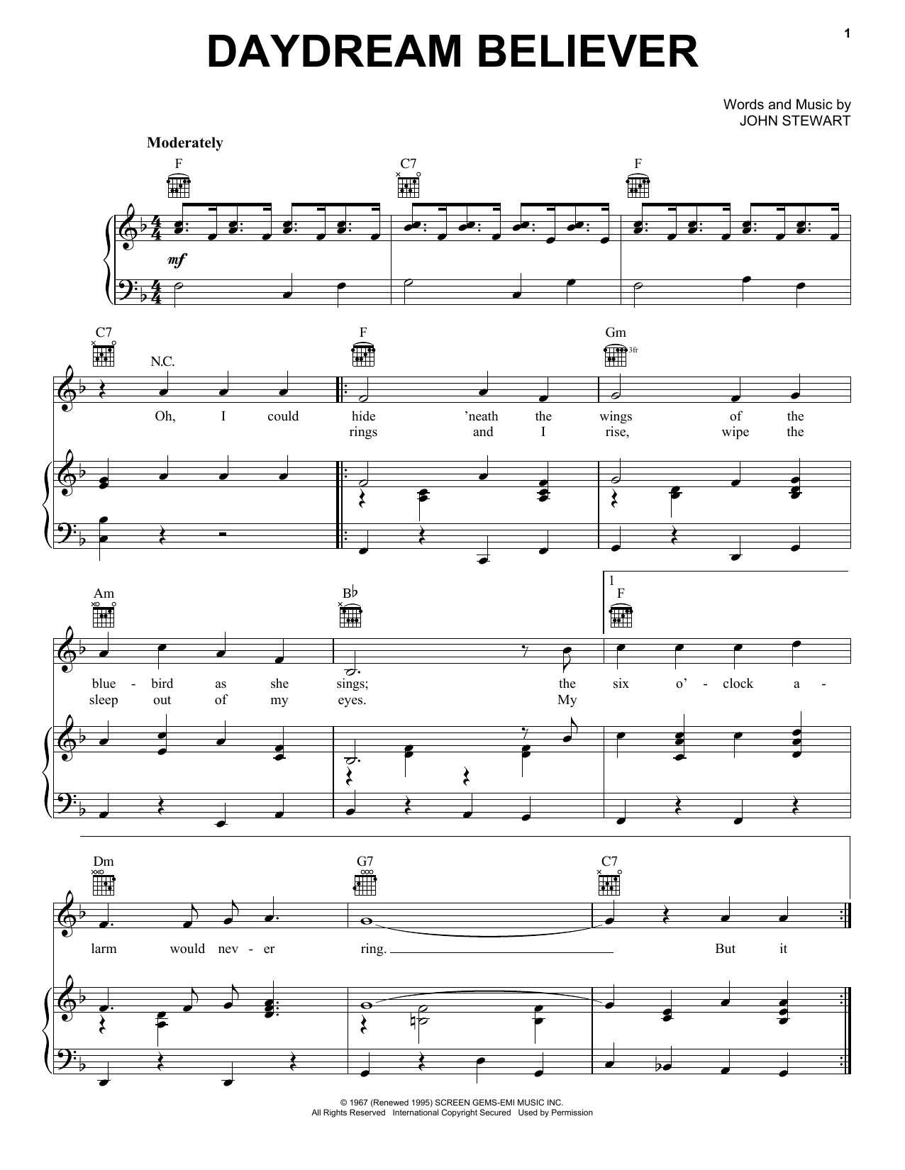 Preview The Monkees Daydream Believer Film and TV sheet music, notes and chords for Piano, Vocal & Guitar (Right-Hand Melody), SKU: 16353 sheet music, piano notes, chords, guitar tabs, score, transpose, transcribe, how to play, guide, download, learn, tutorial, progression, song, artist, awards, billboard, mtv, vh1, tour, single, album, release