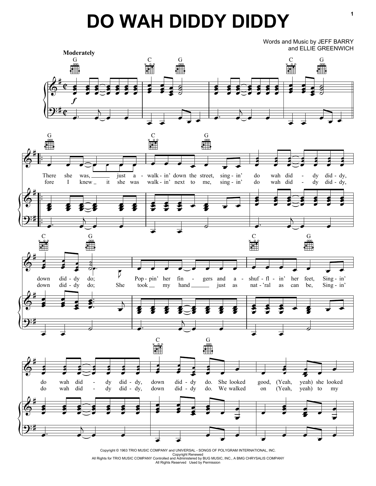 Preview Manfred Mann Do Wah Diddy Diddy Pop sheet music, notes and chords for Piano, Vocal & Guitar (Right-Hand Melody), SKU: 16354 sheet music, piano notes, chords, guitar tabs, score, transpose, transcribe, how to play, guide, download, learn, tutorial, progression, song, artist, awards, billboard, mtv, vh1, tour, single, album, release