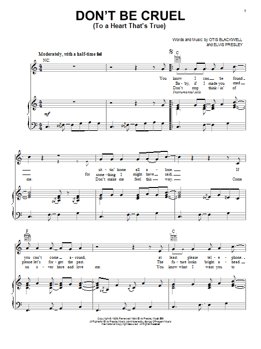 Preview Elvis Presley Don't Be Cruel (To A Heart That's True) Rock sheet music, notes and chords for Piano, Vocal & Guitar (Right-Hand Melody), SKU: 16355 sheet music, piano notes, chords, guitar tabs, score, transpose, transcribe, how to play, guide, download, learn, tutorial, progression, song, artist, awards, billboard, mtv, vh1, tour, single, album, release