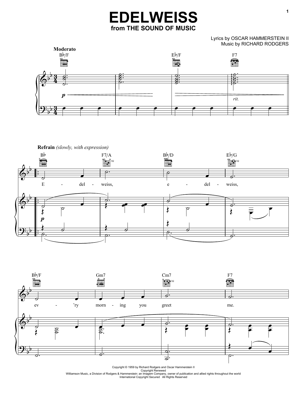 Preview Rodgers & Hammerstein Edelweiss Film and TV sheet music, notes and chords for Piano, Vocal & Guitar (Right-Hand Melody), SKU: 16359 sheet music, piano notes, chords, guitar tabs, score, transpose, transcribe, how to play, guide, download, learn, tutorial, progression, song, artist, awards, billboard, mtv, vh1, tour, single, album, release