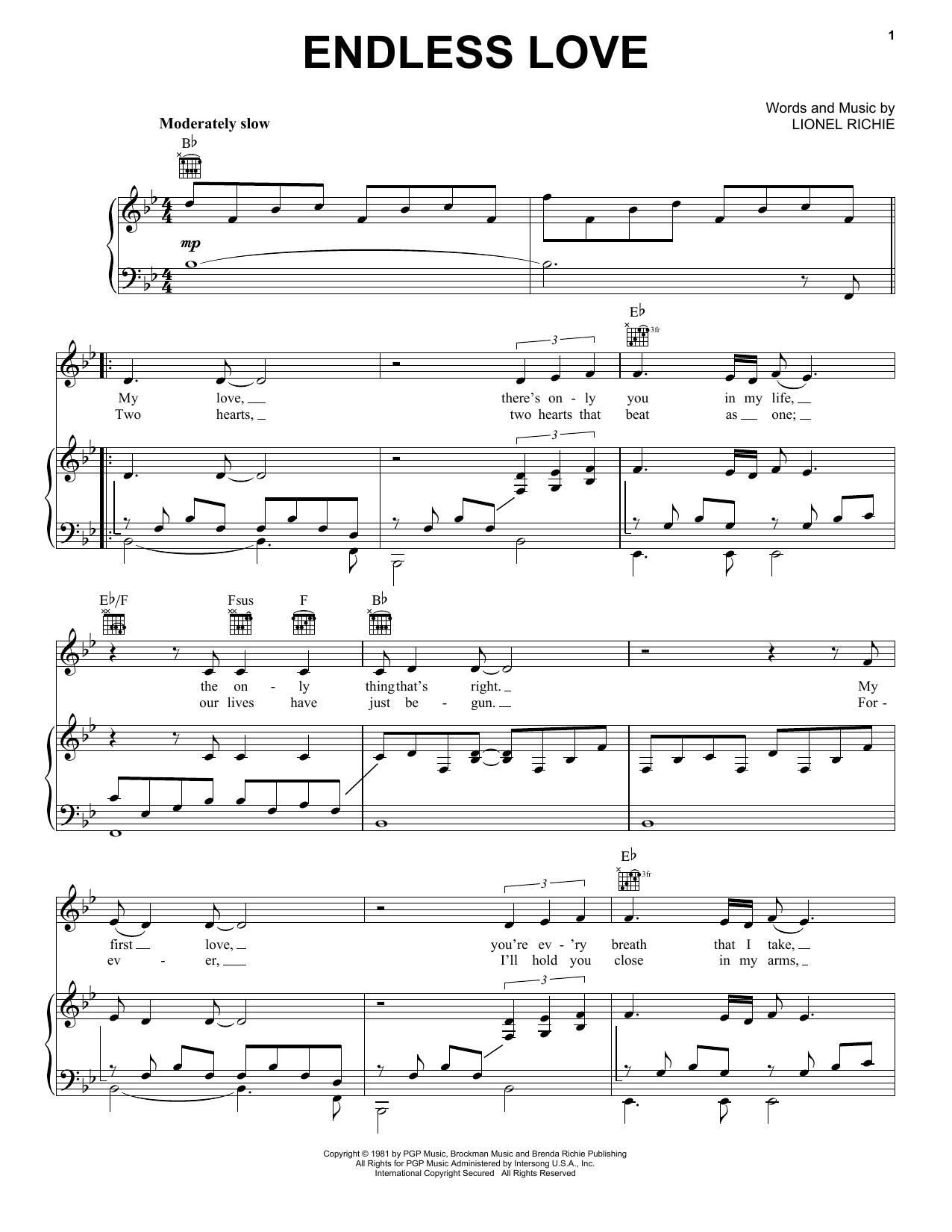 Preview Lionel Richie & Diana Ross Endless Love Film and TV sheet music, notes and chords for Piano, Vocal & Guitar (Right-Hand Melody), SKU: 16361 sheet music, piano notes, chords, guitar tabs, score, transpose, transcribe, how to play, guide, download, learn, tutorial, progression, song, artist, awards, billboard, mtv, vh1, tour, single, album, release