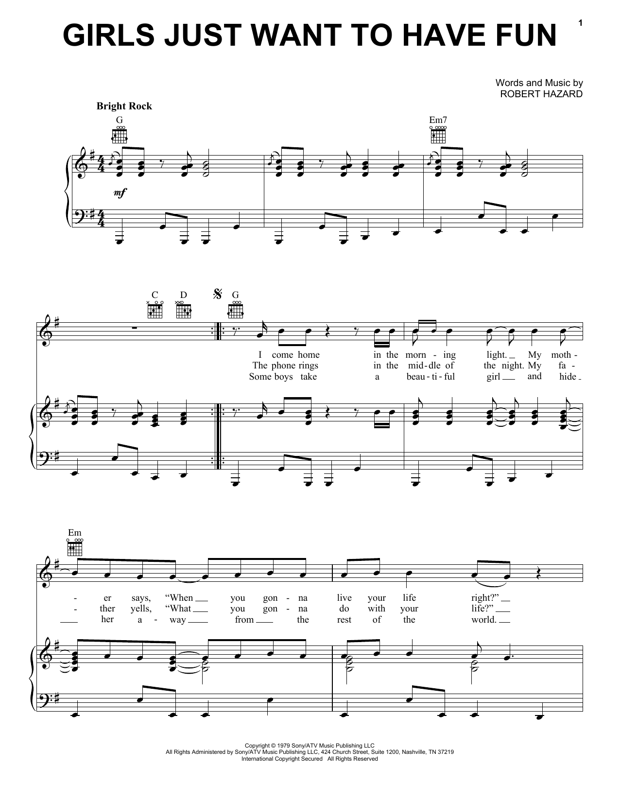 Preview Cyndi Lauper Girls Just Want To Have Fun Rock sheet music, notes and chords for Piano, Vocal & Guitar (Right-Hand Melody), SKU: 16365 sheet music, piano notes, chords, guitar tabs, score, transpose, transcribe, how to play, guide, download, learn, tutorial, progression, song, artist, awards, billboard, mtv, vh1, tour, single, album, release