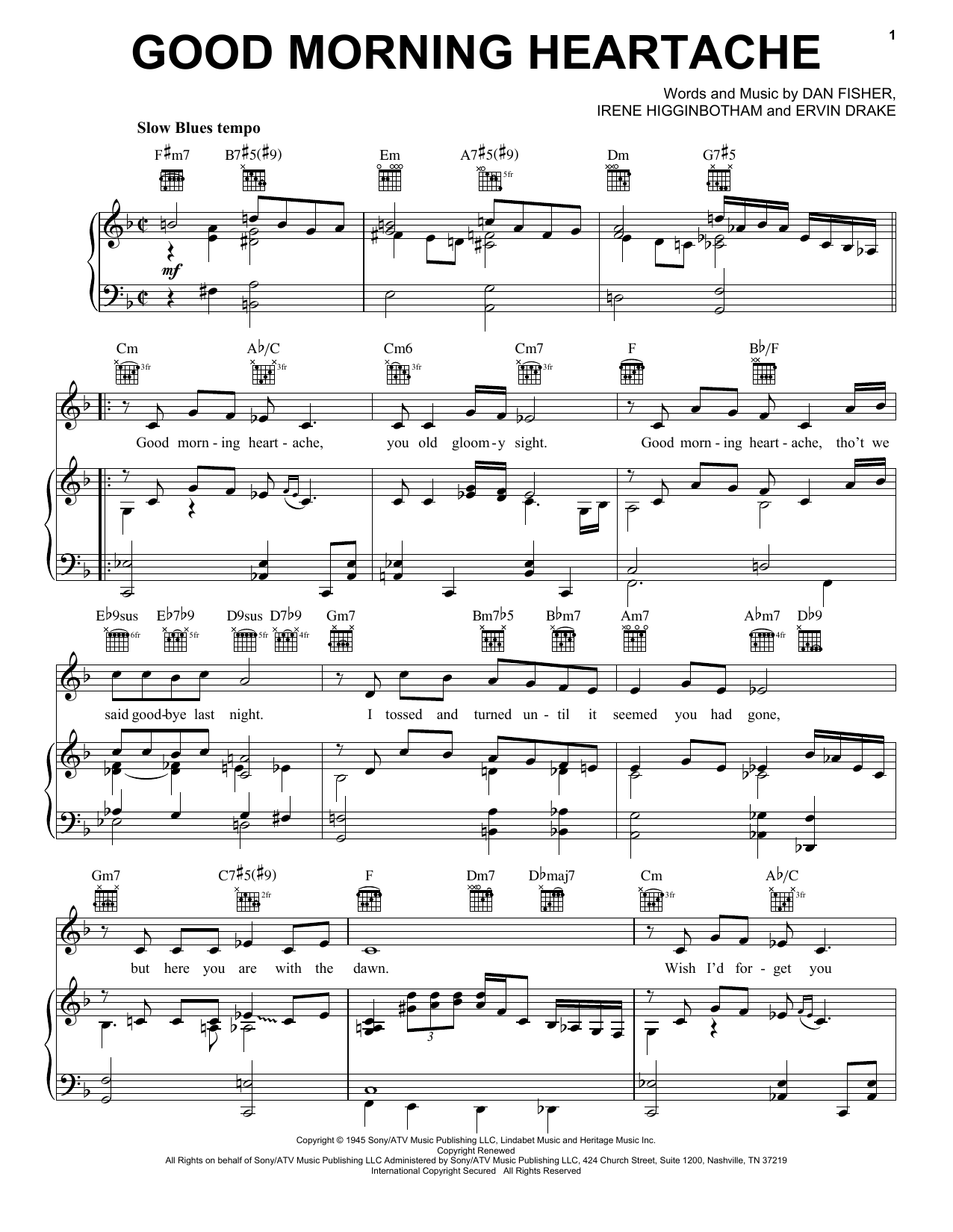 Preview Billie Holiday Good Morning Heartache Folk sheet music, notes and chords for Piano, Vocal & Guitar (Right-Hand Melody), SKU: 16367 sheet music, piano notes, chords, guitar tabs, score, transpose, transcribe, how to play, guide, download, learn, tutorial, progression, song, artist, awards, billboard, mtv, vh1, tour, single, album, release