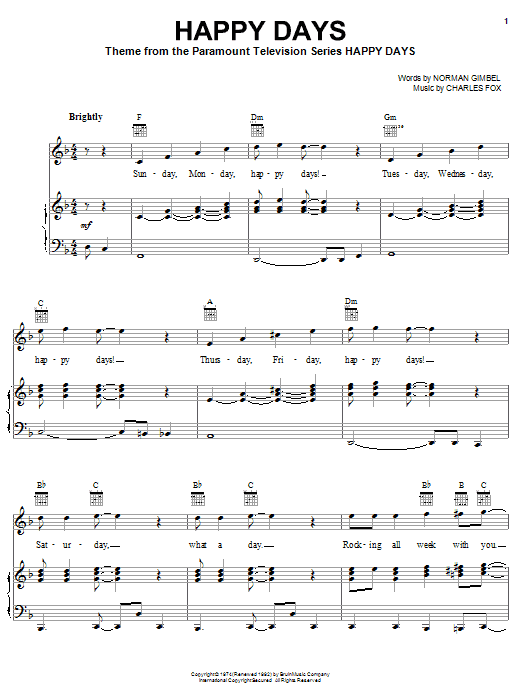 Preview Pratt & McClain Happy Days Rock sheet music, notes and chords for Piano, Vocal & Guitar (Right-Hand Melody), SKU: 16369 sheet music, piano notes, chords, guitar tabs, score, transpose, transcribe, how to play, guide, download, learn, tutorial, progression, song, artist, awards, billboard, mtv, vh1, tour, single, album, release