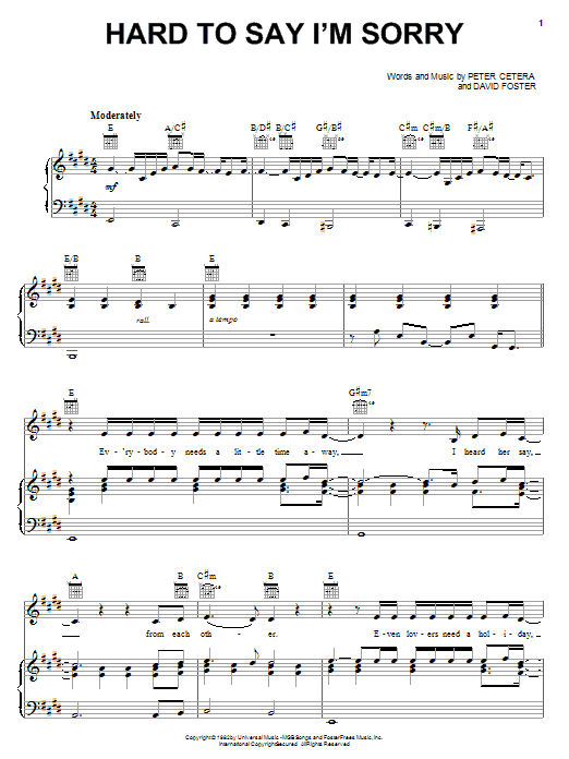 Preview Chicago Hard To Say I'm Sorry Rock sheet music, notes and chords for Piano, Vocal & Guitar (Right-Hand Melody), SKU: 16370 sheet music, piano notes, chords, guitar tabs, score, transpose, transcribe, how to play, guide, download, learn, tutorial, progression, song, artist, awards, billboard, mtv, vh1, tour, single, album, release