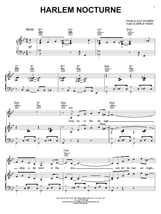 Preview Dick Rogers Harlem Nocturne Folk sheet music, notes and chords for Piano, Vocal & Guitar (Right-Hand Melody), SKU: 16371 sheet music, piano notes, chords, guitar tabs, score, transpose, transcribe, how to play, guide, download, learn, tutorial, progression, song, artist, awards, billboard, mtv, vh1, tour, single, album, release