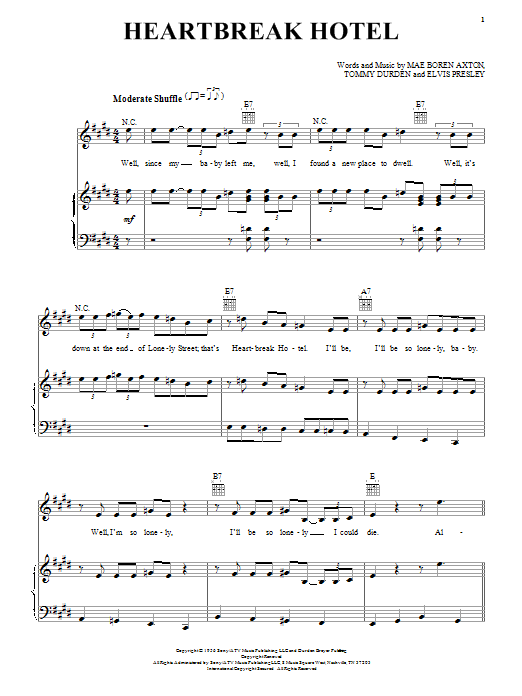 Preview Elvis Presley Heartbreak Hotel Rock sheet music, notes and chords for Piano, Vocal & Guitar (Right-Hand Melody), SKU: 16373 sheet music, piano notes, chords, guitar tabs, score, transpose, transcribe, how to play, guide, download, learn, tutorial, progression, song, artist, awards, billboard, mtv, vh1, tour, single, album, release