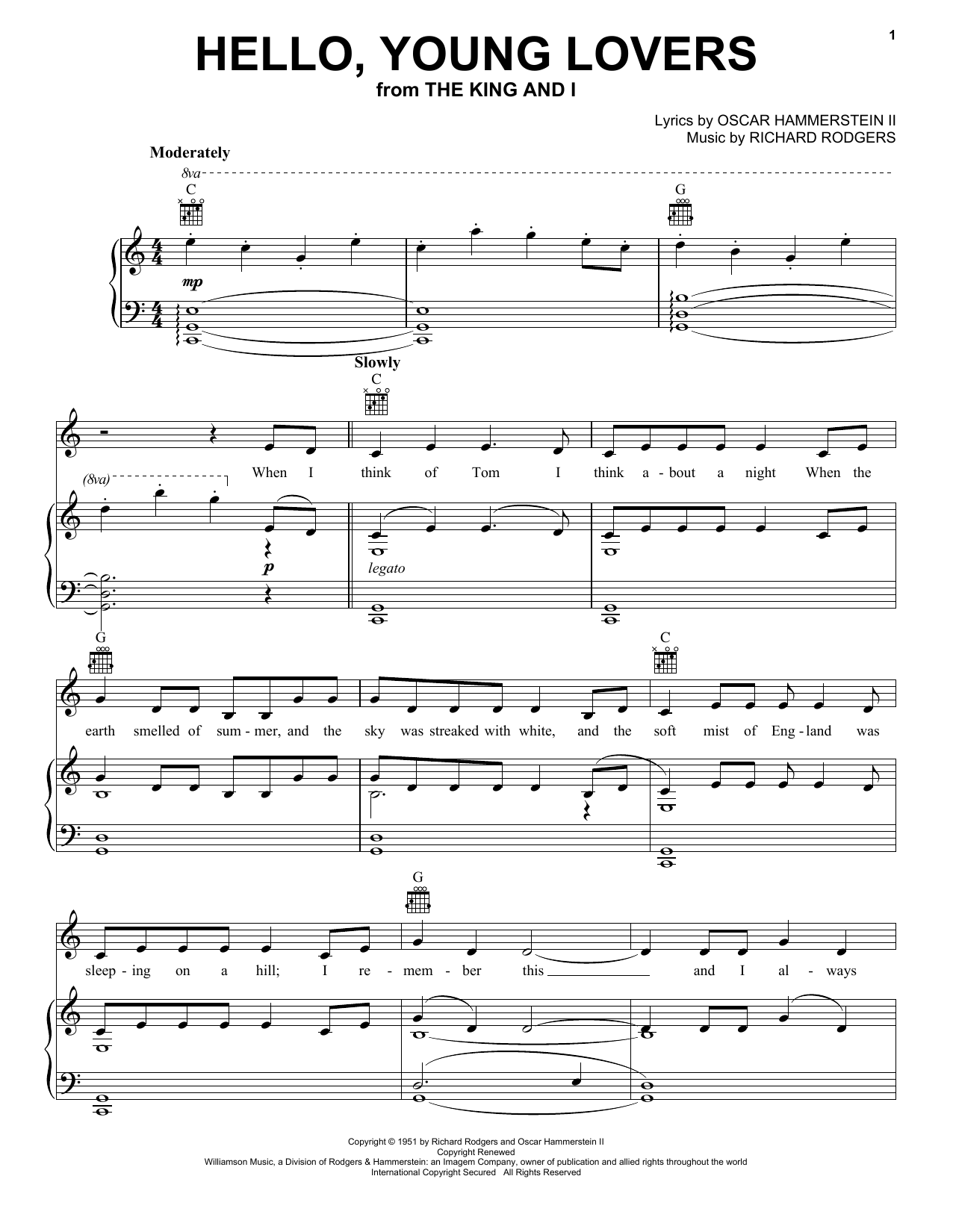 Preview Rodgers & Hammerstein Hello, Young Lovers Folk sheet music, notes and chords for Piano, Vocal & Guitar (Right-Hand Melody), SKU: 16374 sheet music, piano notes, chords, guitar tabs, score, transpose, transcribe, how to play, guide, download, learn, tutorial, progression, song, artist, awards, billboard, mtv, vh1, tour, single, album, release