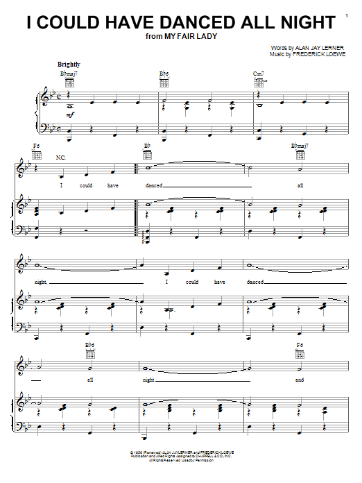 Preview Lerner & Loewe I Could Have Danced All Night Jazz sheet music, notes and chords for Piano, Vocal & Guitar (Right-Hand Melody), SKU: 16376 sheet music, piano notes, chords, guitar tabs, score, transpose, transcribe, how to play, guide, download, learn, tutorial, progression, song, artist, awards, billboard, mtv, vh1, tour, single, album, release