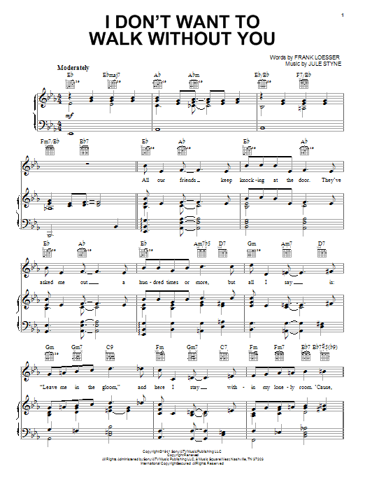 Preview Frank Loesser I Don't Want To Walk Without You Pop sheet music, notes and chords for Piano, Vocal & Guitar (Right-Hand Melody), SKU: 16378 sheet music, piano notes, chords, guitar tabs, score, transpose, transcribe, how to play, guide, download, learn, tutorial, progression, song, artist, awards, billboard, mtv, vh1, tour, single, album, release