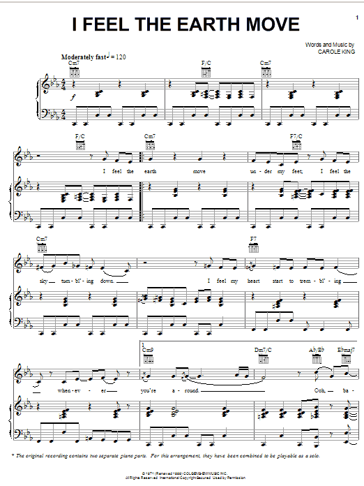Preview Carole King I Feel The Earth Move Rock sheet music, notes and chords for Piano, Vocal & Guitar (Right-Hand Melody), SKU: 16379 sheet music, piano notes, chords, guitar tabs, score, transpose, transcribe, how to play, guide, download, learn, tutorial, progression, song, artist, awards, billboard, mtv, vh1, tour, single, album, release