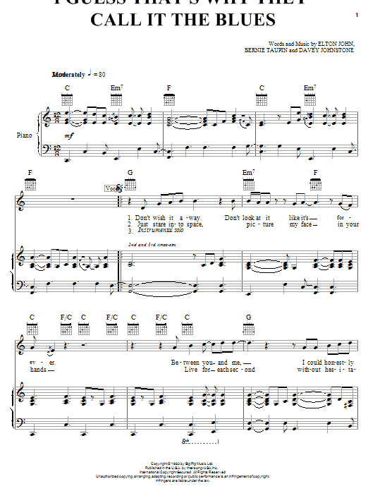 Preview Elton John I Guess That's Why They Call It The Blues Rock sheet music, notes and chords for Piano & Vocal, SKU: 16380 sheet music, piano notes, chords, guitar tabs, score, transpose, transcribe, how to play, guide, download, learn, tutorial, progression, song, artist, awards, billboard, mtv, vh1, tour, single, album, release