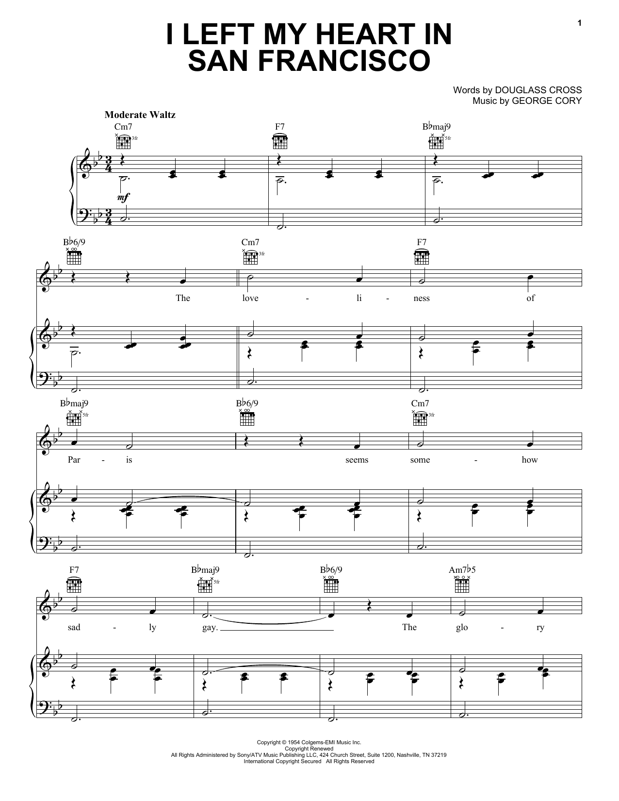 Preview Tony Bennett I Left My Heart In San Francisco Folk sheet music, notes and chords for Piano, Vocal & Guitar (Right-Hand Melody), SKU: 16381 sheet music, piano notes, chords, guitar tabs, score, transpose, transcribe, how to play, guide, download, learn, tutorial, progression, song, artist, awards, billboard, mtv, vh1, tour, single, album, release