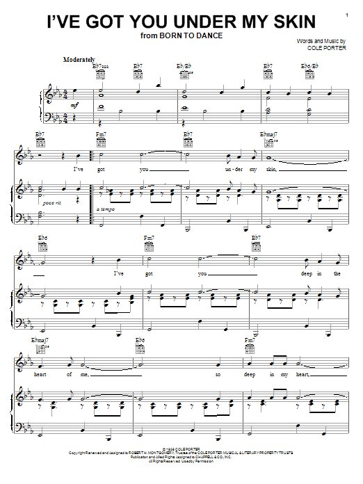 Preview Frank Sinatra I've Got You Under My Skin Pop sheet music, notes and chords for Piano, Vocal & Guitar (Right-Hand Melody), SKU: 16385 sheet music, piano notes, chords, guitar tabs, score, transpose, transcribe, how to play, guide, download, learn, tutorial, progression, song, artist, awards, billboard, mtv, vh1, tour, single, album, release