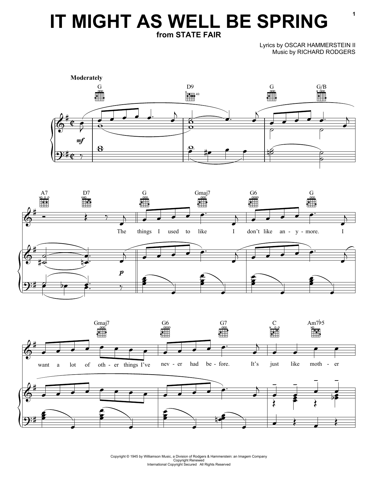 Preview Rodgers & Hammerstein It Might As Well Be Spring Jazz sheet music, notes and chords for Piano, Vocal & Guitar (Right-Hand Melody), SKU: 16392 sheet music, piano notes, chords, guitar tabs, score, transpose, transcribe, how to play, guide, download, learn, tutorial, progression, song, artist, awards, billboard, mtv, vh1, tour, single, album, release