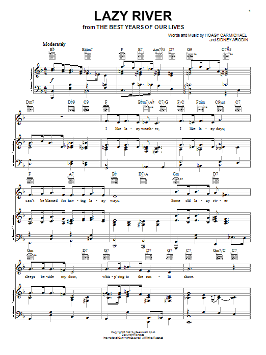 Preview Bobby Darin Lazy River Jazz sheet music, notes and chords for Piano, Vocal & Guitar (Right-Hand Melody), SKU: 16396 sheet music, piano notes, chords, guitar tabs, score, transpose, transcribe, how to play, guide, download, learn, tutorial, progression, song, artist, awards, billboard, mtv, vh1, tour, single, album, release