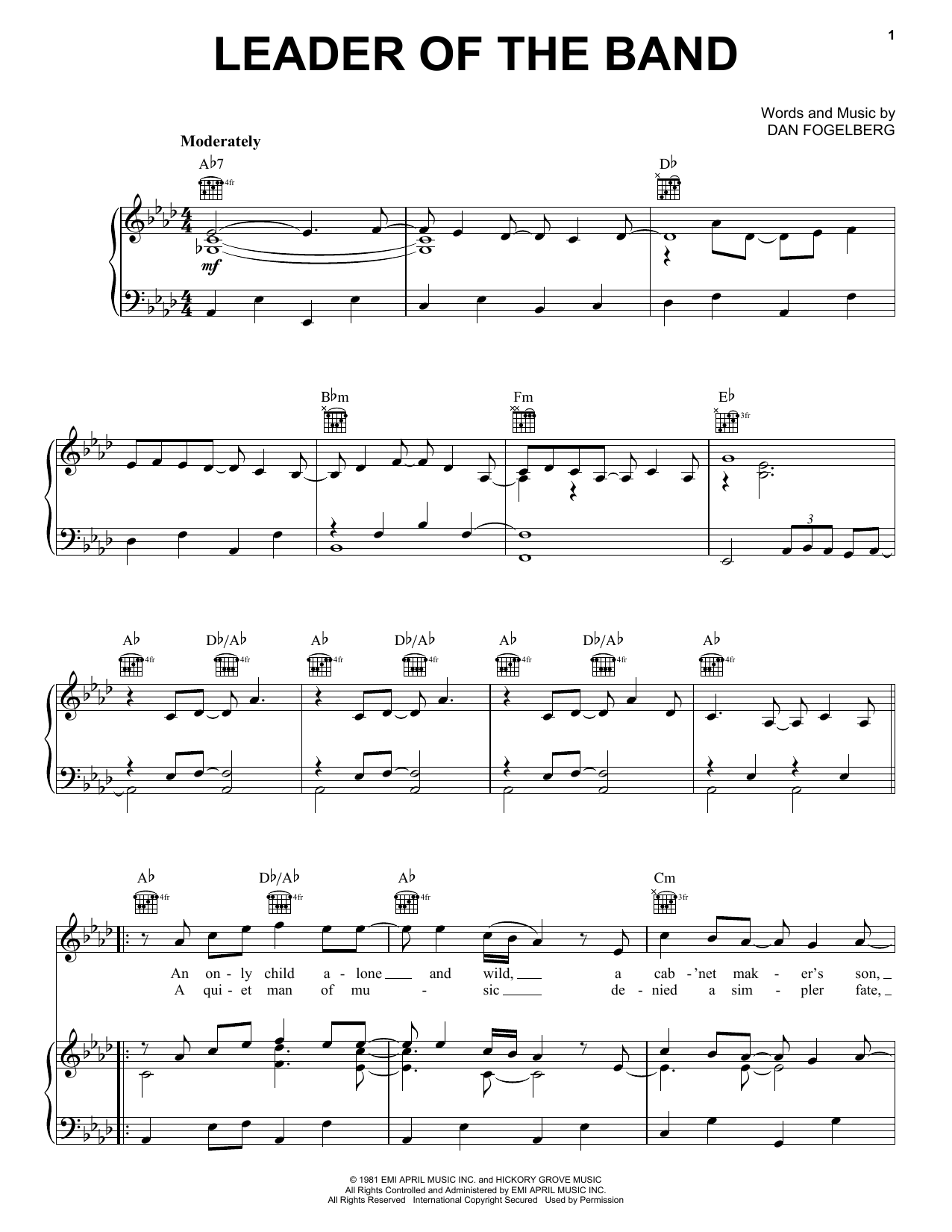 Preview Dan Fogelberg Leader Of The Band Pop sheet music, notes and chords for Piano, Vocal & Guitar (Right-Hand Melody), SKU: 16397 sheet music, piano notes, chords, guitar tabs, score, transpose, transcribe, how to play, guide, download, learn, tutorial, progression, song, artist, awards, billboard, mtv, vh1, tour, single, album, release