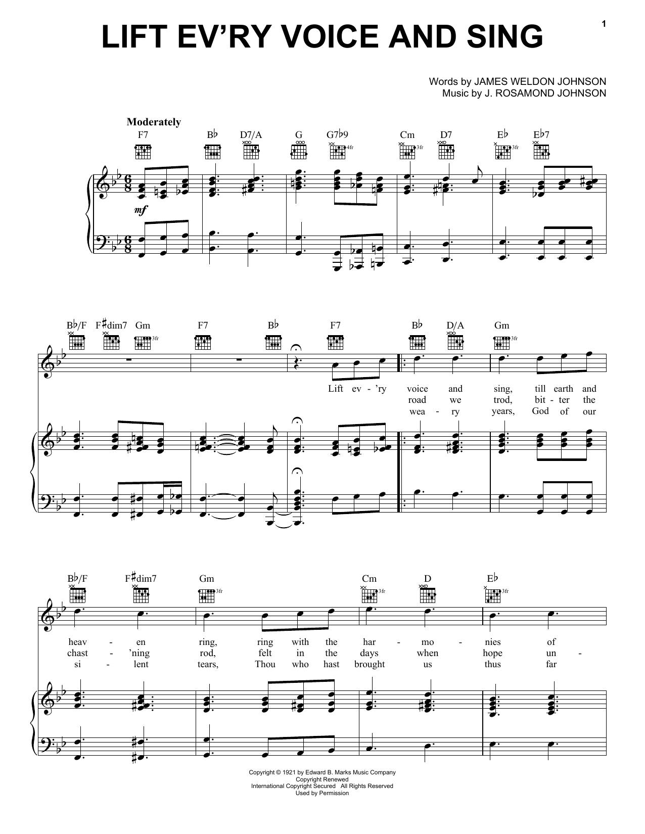 Preview J. Rosamond Johnson Lift Ev'ry Voice And Sing Hymn sheet music, notes and chords for Piano, Vocal & Guitar (Right-Hand Melody), SKU: 16398 sheet music, piano notes, chords, guitar tabs, score, transpose, transcribe, how to play, guide, download, learn, tutorial, progression, song, artist, awards, billboard, mtv, vh1, tour, single, album, release