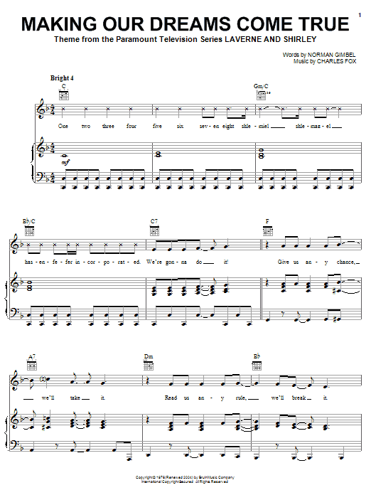 Preview Norman Gimbel Making Our Dreams Come True Soul sheet music, notes and chords for Piano, Vocal & Guitar (Right-Hand Melody), SKU: 16406 sheet music, piano notes, chords, guitar tabs, score, transpose, transcribe, how to play, guide, download, learn, tutorial, progression, song, artist, awards, billboard, mtv, vh1, tour, single, album, release