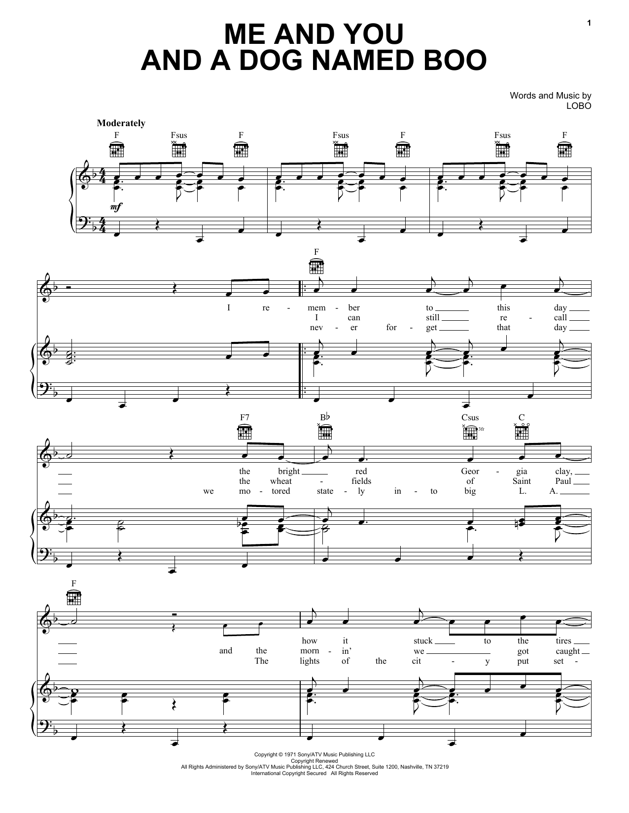 Preview Lobo Me And You And A Dog Named Boo Country sheet music, notes and chords for Piano, Vocal & Guitar (Right-Hand Melody), SKU: 16407 sheet music, piano notes, chords, guitar tabs, score, transpose, transcribe, how to play, guide, download, learn, tutorial, progression, song, artist, awards, billboard, mtv, vh1, tour, single, album, release