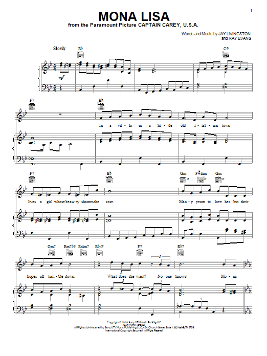 Preview Nat King Cole Mona Lisa Pop sheet music, notes and chords for Piano, Vocal & Guitar (Right-Hand Melody), SKU: 16408 sheet music, piano notes, chords, guitar tabs, score, transpose, transcribe, how to play, guide, download, learn, tutorial, progression, song, artist, awards, billboard, mtv, vh1, tour, single, album, release