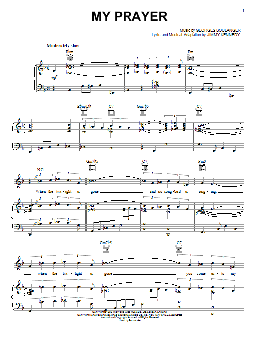 Preview The Platters My Prayer Jazz sheet music, notes and chords for Piano, Vocal & Guitar (Right-Hand Melody), SKU: 16413 sheet music, piano notes, chords, guitar tabs, score, transpose, transcribe, how to play, guide, download, learn, tutorial, progression, song, artist, awards, billboard, mtv, vh1, tour, single, album, release