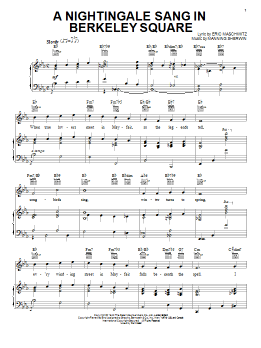 Preview Manhattan Transfer A Nightingale Sang In Berkeley Square Jazz sheet music, notes and chords for Piano, Vocal & Guitar (Right-Hand Melody), SKU: 16415 sheet music, piano notes, chords, guitar tabs, score, transpose, transcribe, how to play, guide, download, learn, tutorial, progression, song, artist, awards, billboard, mtv, vh1, tour, single, album, release
