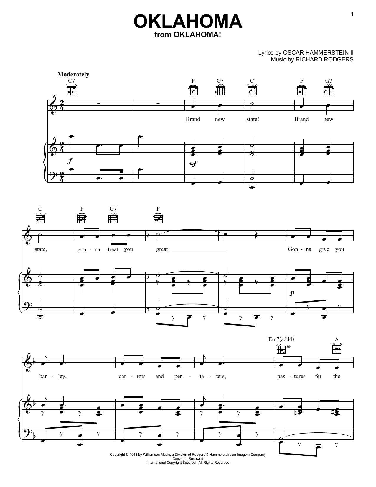 Preview Rodgers & Hammerstein Oklahoma Broadway sheet music, notes and chords for Piano, Vocal & Guitar (Right-Hand Melody), SKU: 16417 sheet music, piano notes, chords, guitar tabs, score, transpose, transcribe, how to play, guide, download, learn, tutorial, progression, song, artist, awards, billboard, mtv, vh1, tour, single, album, release
