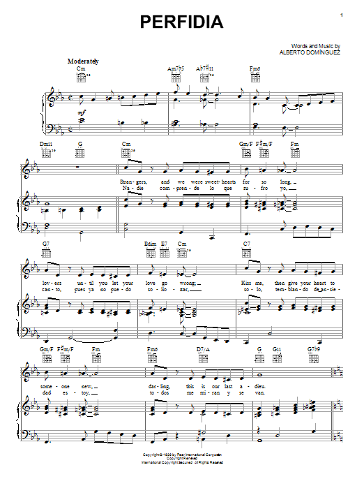 Preview Alberto Dominguez Perfidia Jazz sheet music, notes and chords for Piano, Vocal & Guitar (Right-Hand Melody), SKU: 16420 sheet music, piano notes, chords, guitar tabs, score, transpose, transcribe, how to play, guide, download, learn, tutorial, progression, song, artist, awards, billboard, mtv, vh1, tour, single, album, release