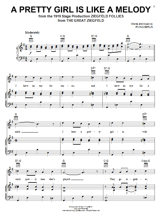 Preview Irving Berlin A Pretty Girl Is Like A Melody Pop sheet music, notes and chords for Piano, Vocal & Guitar (Right-Hand Melody), SKU: 16421 sheet music, piano notes, chords, guitar tabs, score, transpose, transcribe, how to play, guide, download, learn, tutorial, progression, song, artist, awards, billboard, mtv, vh1, tour, single, album, release