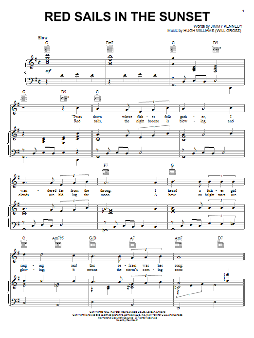 Preview Hugh Williams Red Sails In The Sunset Jazz sheet music, notes and chords for Piano, Vocal & Guitar (Right-Hand Melody), SKU: 16424 sheet music, piano notes, chords, guitar tabs, score, transpose, transcribe, how to play, guide, download, learn, tutorial, progression, song, artist, awards, billboard, mtv, vh1, tour, single, album, release