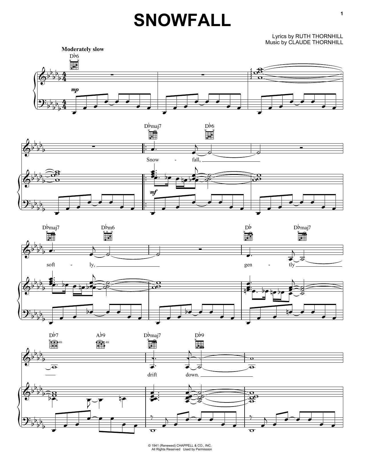 Preview Tony Bennett Snowfall Ballad sheet music, notes and chords for Piano, Vocal & Guitar (Right-Hand Melody), SKU: 16426 sheet music, piano notes, chords, guitar tabs, score, transpose, transcribe, how to play, guide, download, learn, tutorial, progression, song, artist, awards, billboard, mtv, vh1, tour, single, album, release