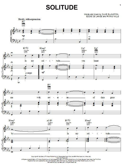 Preview Duke Ellington Solitude Jazz sheet music, notes and chords for Piano, Vocal & Guitar (Right-Hand Melody), SKU: 16427 sheet music, piano notes, chords, guitar tabs, score, transpose, transcribe, how to play, guide, download, learn, tutorial, progression, song, artist, awards, billboard, mtv, vh1, tour, single, album, release
