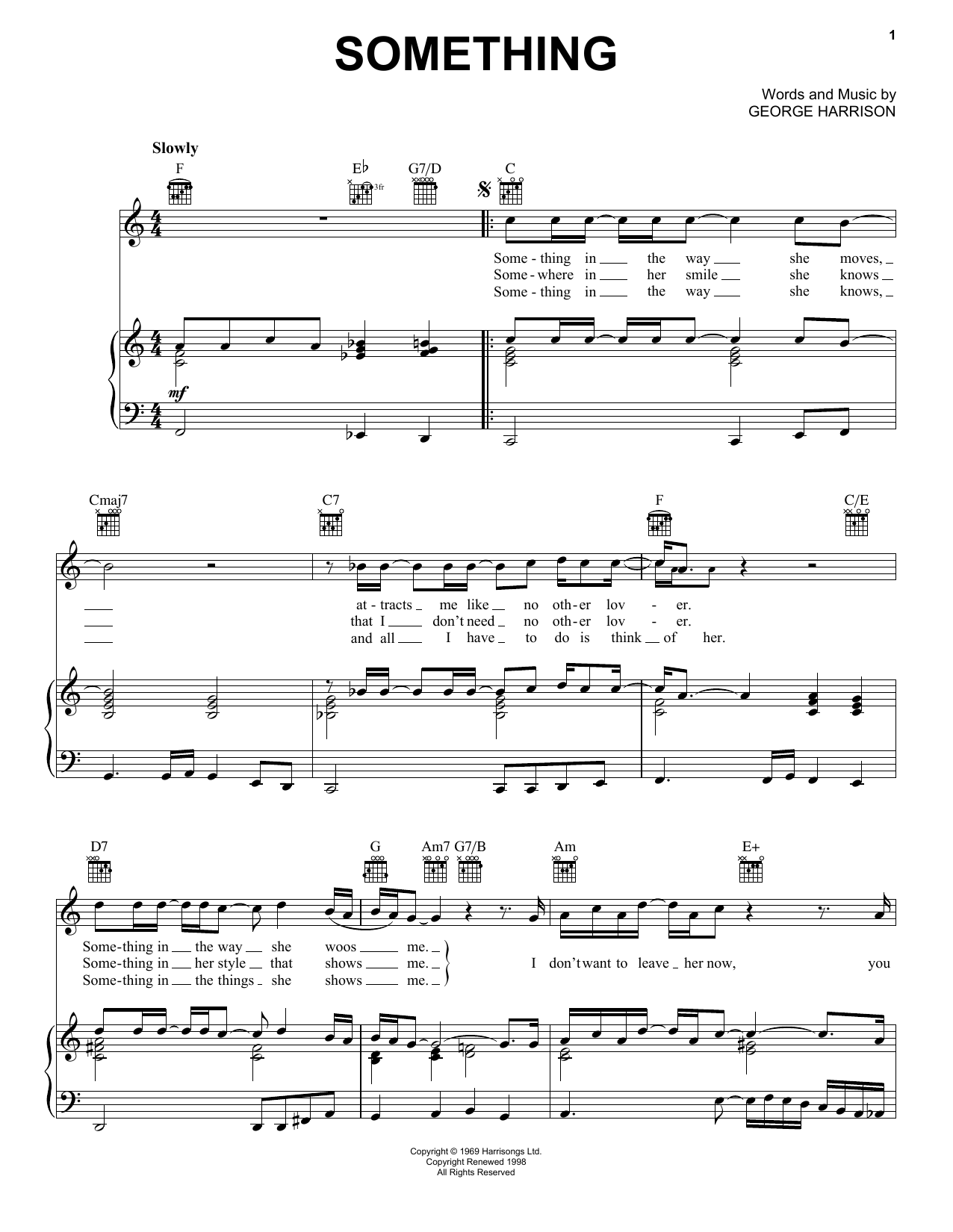 Preview The Beatles Something Film and TV sheet music, notes and chords for Piano, Vocal & Guitar (Right-Hand Melody), SKU: 16428 sheet music, piano notes, chords, guitar tabs, score, transpose, transcribe, how to play, guide, download, learn, tutorial, progression, song, artist, awards, billboard, mtv, vh1, tour, single, album, release