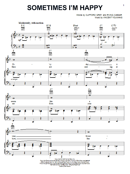 Preview Irving Caesar Sometimes I'm Happy Jazz sheet music, notes and chords for Piano, Vocal & Guitar (Right-Hand Melody), SKU: 16430 sheet music, piano notes, chords, guitar tabs, score, transpose, transcribe, how to play, guide, download, learn, tutorial, progression, song, artist, awards, billboard, mtv, vh1, tour, single, album, release