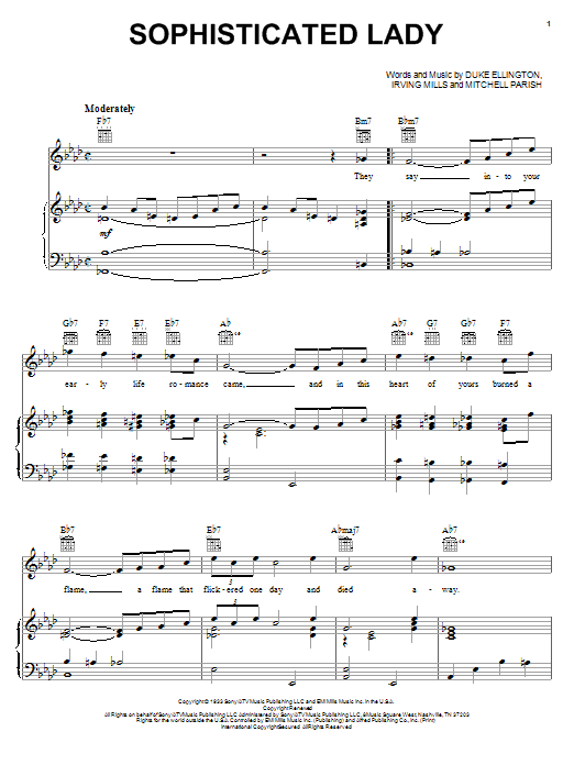 Preview Duke Ellington Sophisticated Lady Jazz sheet music, notes and chords for Piano, Vocal & Guitar (Right-Hand Melody), SKU: 16431 sheet music, piano notes, chords, guitar tabs, score, transpose, transcribe, how to play, guide, download, learn, tutorial, progression, song, artist, awards, billboard, mtv, vh1, tour, single, album, release